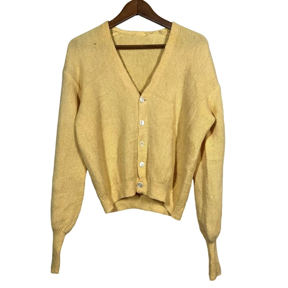Vintage 60s Puff Sleeve Cardigan No Tags Goldenrod Pearlescent Button - L